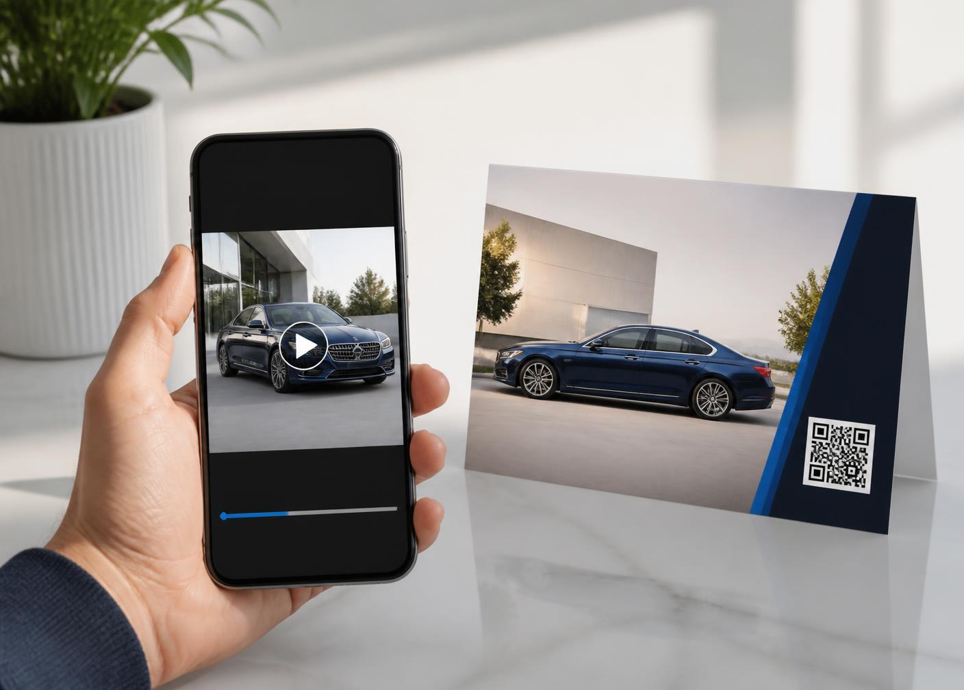 Phone playing a vehicle video walkaround beside a custom QR card